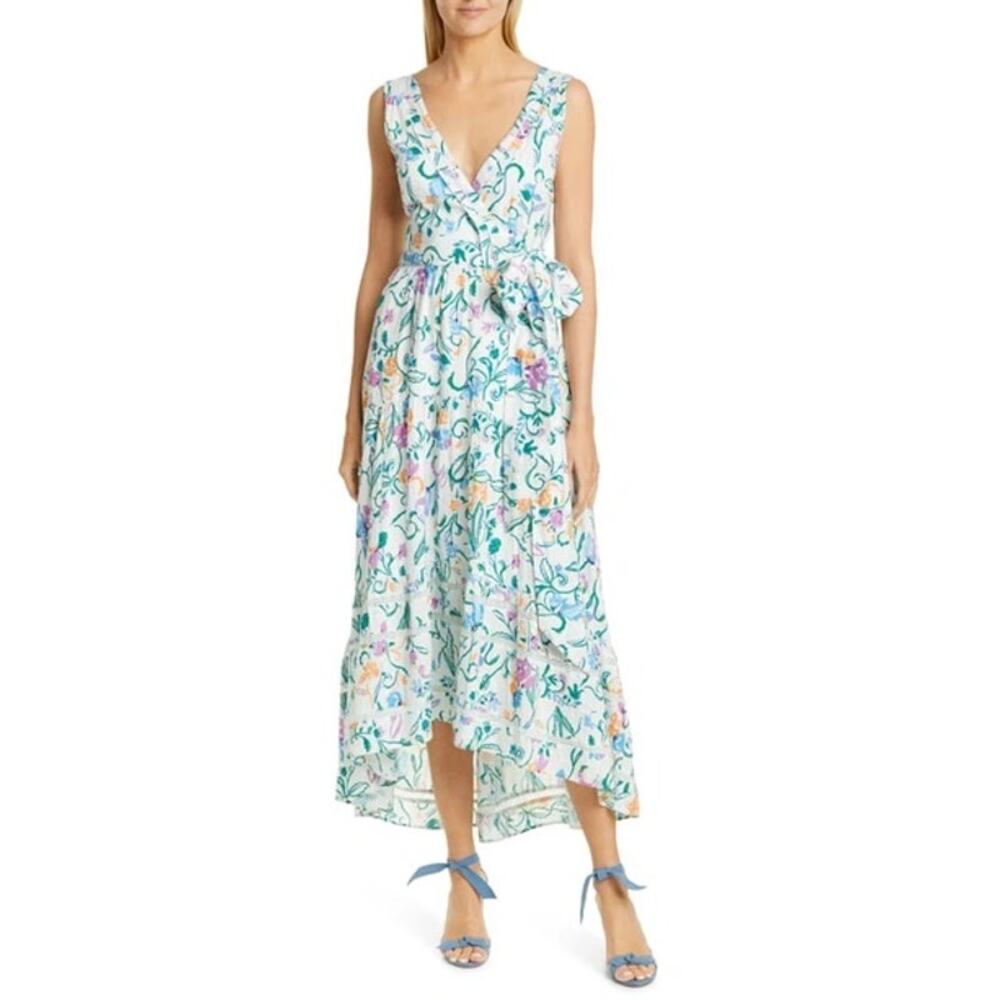 TANYA TAYLOR Women's Neves White Floral Wrap Tie Waist V-Neckline Dress Size 14